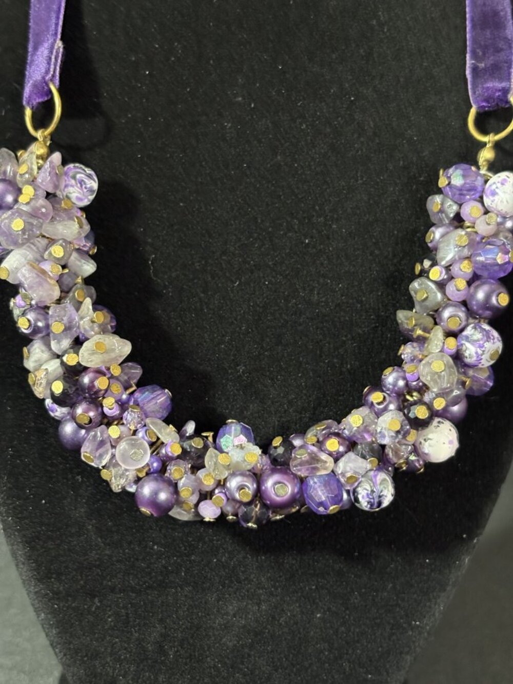 Amethyst Stone Necklace Faux Pearls Beaded Cluster Purple Velvet Handcrafted - Picture 2 of 6